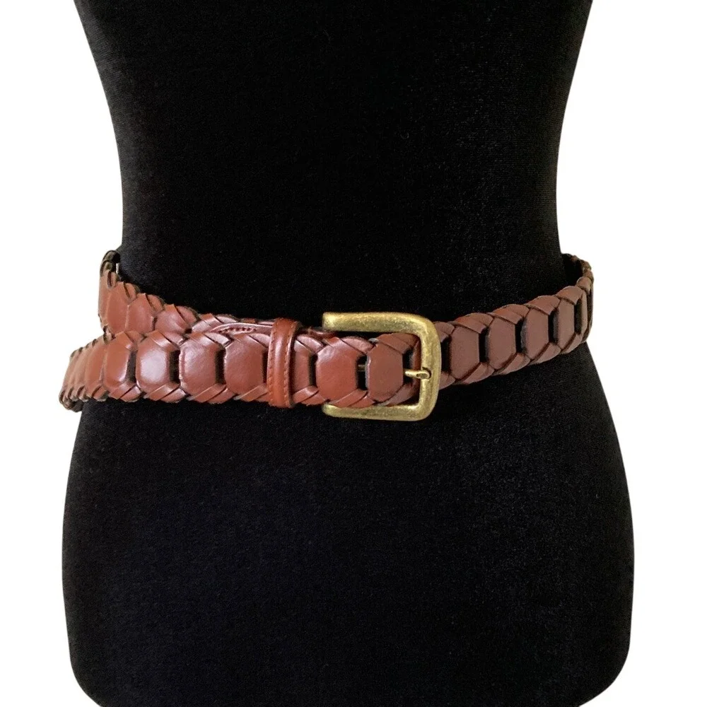 Mens Braided Brown Leather Belt Made‎ in Argentina Size 36 Brushed Brass Tone